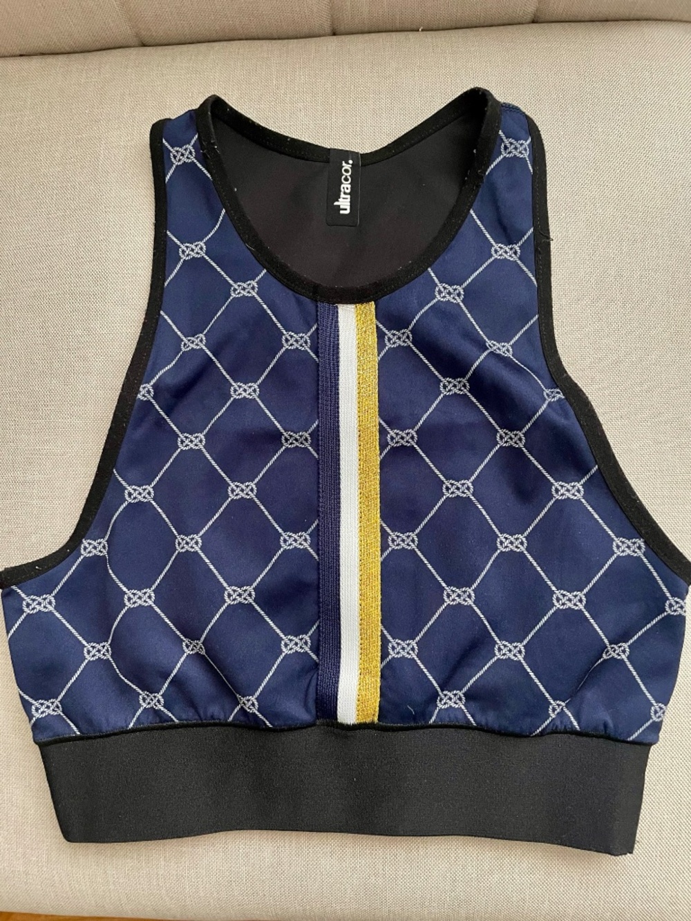Ultracor Reversible Navy Nautical Rope Print Crop Top Sports Bra Gold Stripe XS - Picture 6 of 6